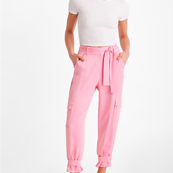 Express Ladies Pink Satin High Waisted Belted Cargo Joggers NWT Size 14R - Picture 5 of 8